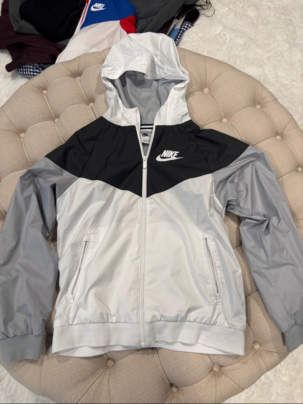 Nike White, Black & Gray Colorblock Hooded Windbreaker
